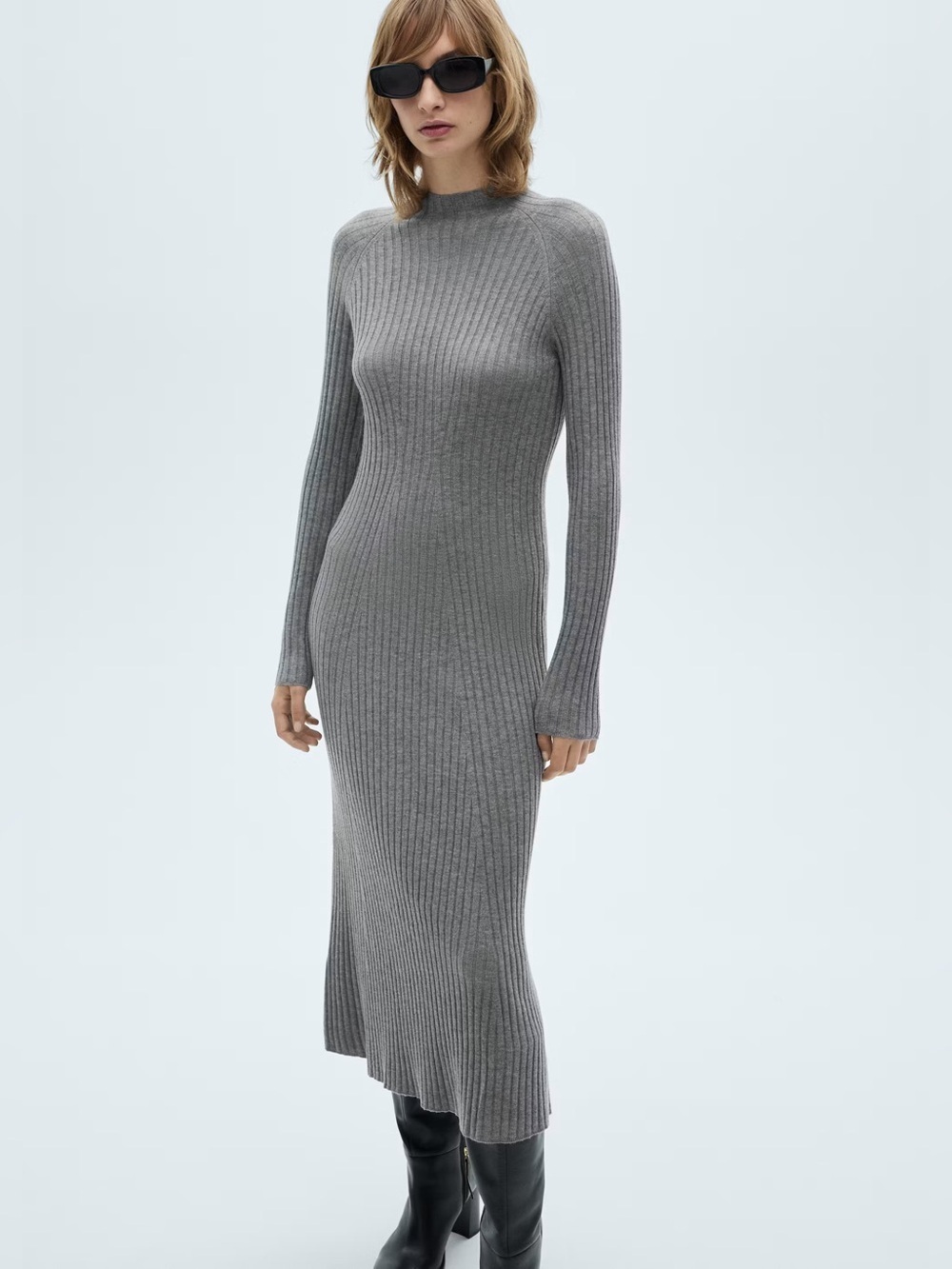 Mango Grey flared knit dress with Perkins collar NWT